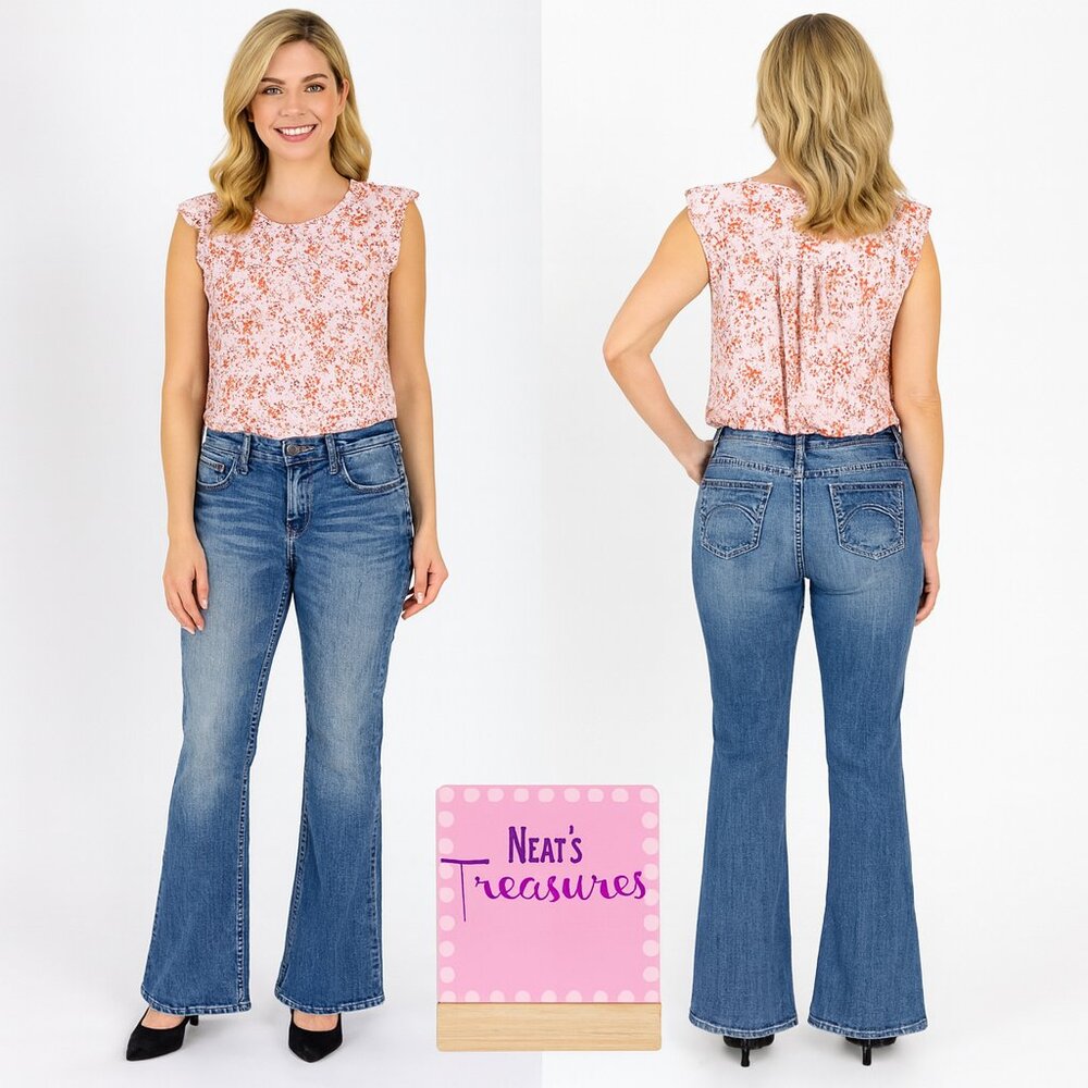 Silver Jeans EDEN Flare Distress Embroidered Pocket Denim Blue Y2K Jean Sz 29